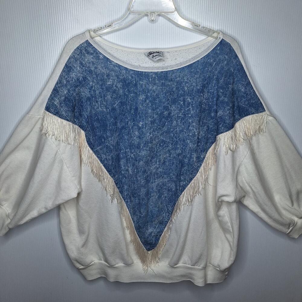 Vintage 80s's Denim Fringe Sweatshirt Top Western Southwestern Rodeo America